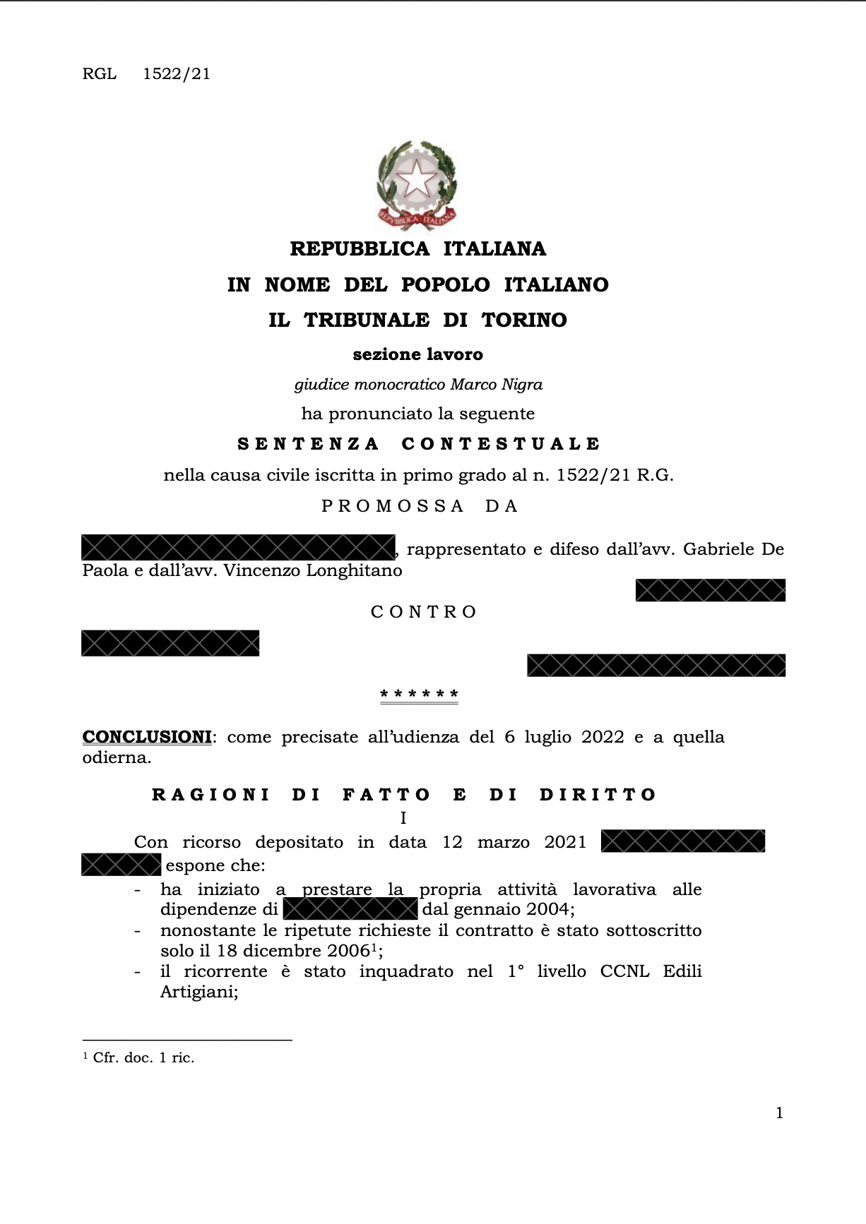 Setenza Tribunale Lavoro Torino pagina intestazione